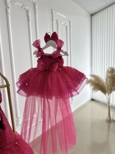 Fuşya Askılı Boncuklu Bebek ve Çocuk Abiyesi