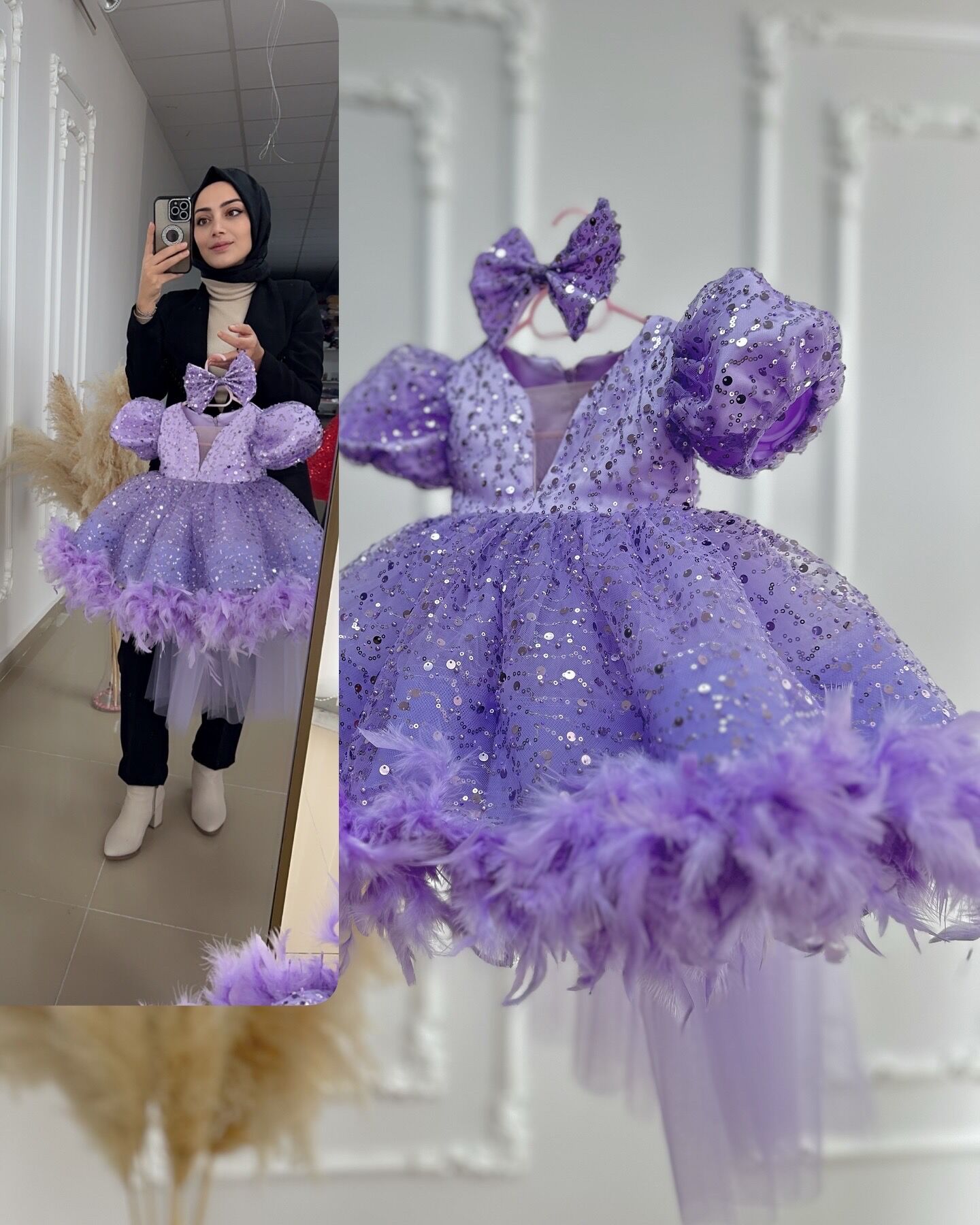 Pera Lila Tüylü Taşlı Çocuk Abiye
