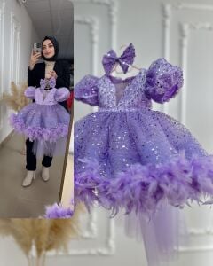 Pera Lila Tüylü Taşlı Çocuk Abiye